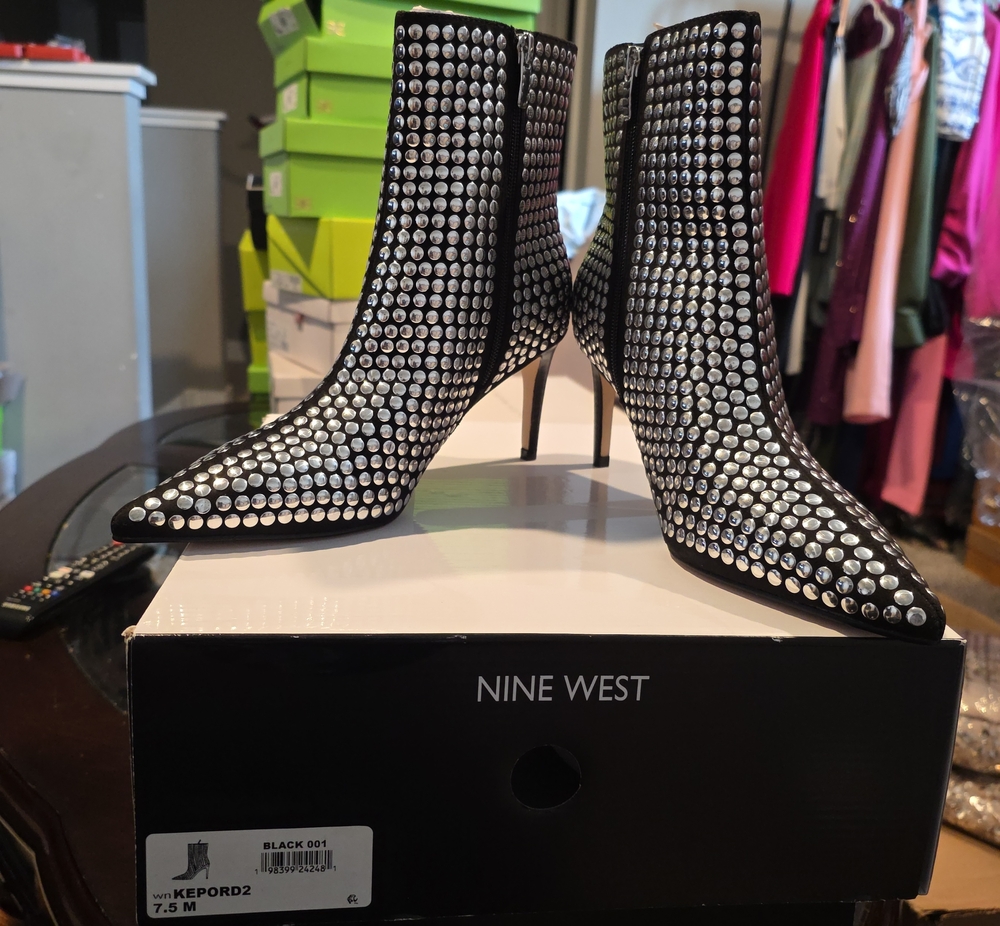 Nine West Black Rhinestone Pointed Toe Stiletto Ankle Boots